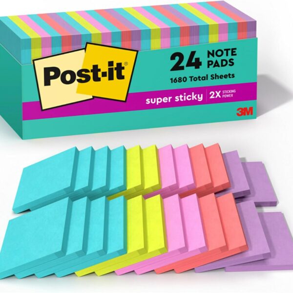 Post-it Super Sticky Notes, 24 Sticky Note Pads, 3 x 3 in., School Supplies, Office Products, 2X the Sticking Power, Supernova Neons Collection