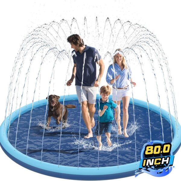 Non-Slip Splash Pad for Kids and Dog, 80" Extra Large Baby Play Mat, Dog Pool Toys, Thicken Sprinkler Pool Summer Outdoor Water Toys for Ages 3-12 Boys Girls, Parent-Kids &Games Fun Backyard (Blue)